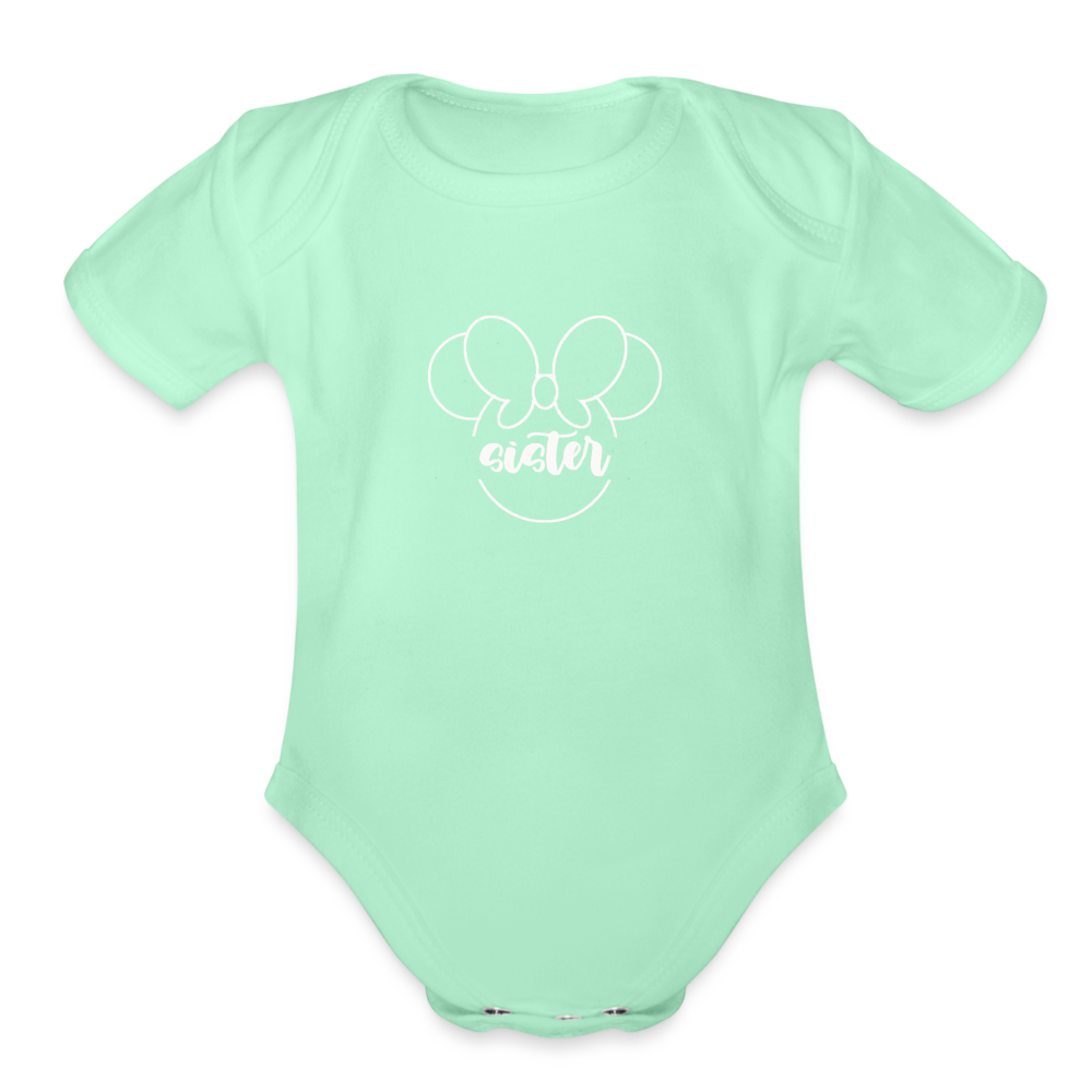 Organic Short Sleeve Baby Bodysuit MINNIE SISTER WHITE - light mint