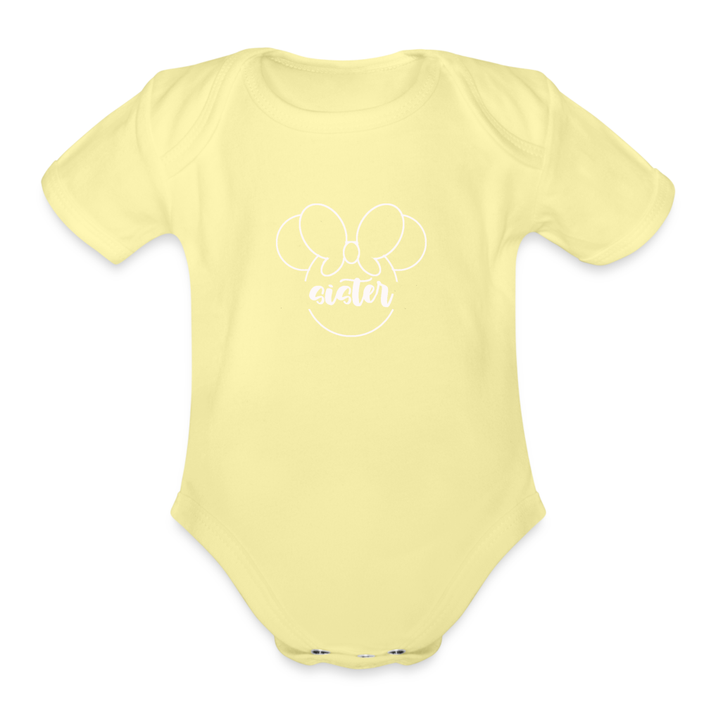 Organic Short Sleeve Baby Bodysuit MINNIE SISTER WHITE - washed yellow